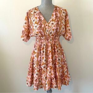 Floral Mini Dress Short Sleeve V-Neck A-line Elastic Waist SZ S Lightweight